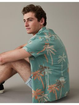 American Eagle - Men Green Tropical Button-Up Resort Shirt