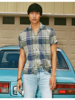 American Eagle - Men Green Plaid Button-Up Pool Side Shirt