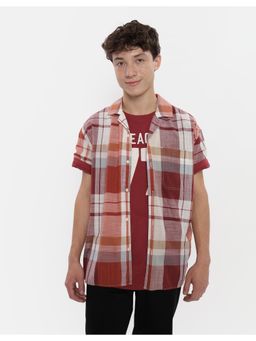 American Eagle - Men Red Plaid Button-Up Poolside Shirt