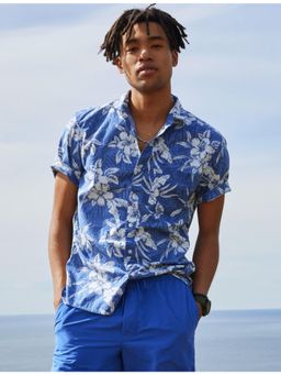 American Eagle - Men Blue Tropical Button-Up Resort Shirt
