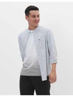 American Eagle - Men Navy Band Collar Linen Striped Button-Up Shirt