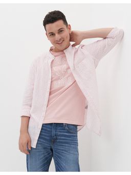 American Eagle - Mens Pink Linen Striped Button-Up Shirt