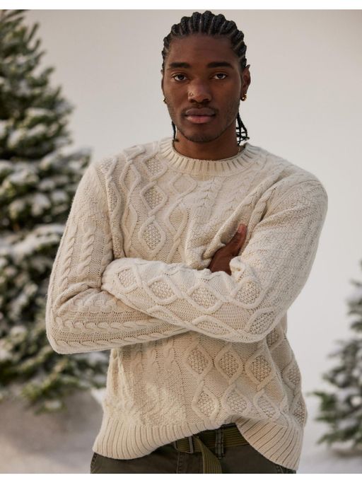 American Eagle Men Cream Super Soft Patchwork Cable Knit Crewneck Sweater