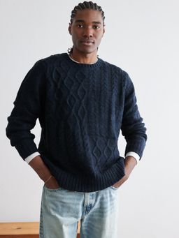 American Eagle - Men Navy Super Soft Patchwork Cable Knit Crewneck Sweater