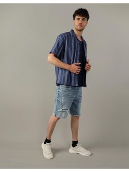 American Eagle - Men Blue Striped Button-Up Poolside Shirt