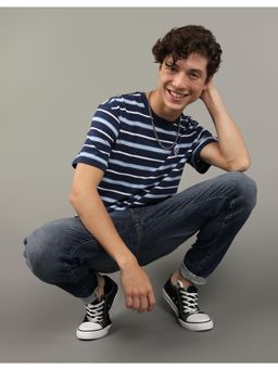 American Eagle - Men Blue Flex Pique Striped T-Shirt