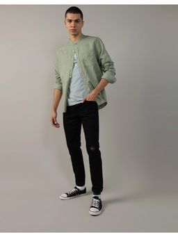 American Eagle - Men Solid Green Band Collar Linen-Blend Button-Up Shirt