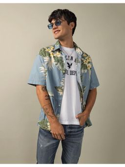 American Eagle - Men Floral Blue Tropical Button-Up Poolside Shirt