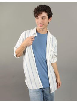 American Eagle - Men Stripes Off White & Blue Linen Button-Up Shirt