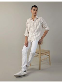 American Eagle - Men Stripes Off White & Red Linen Button-Up Shirt