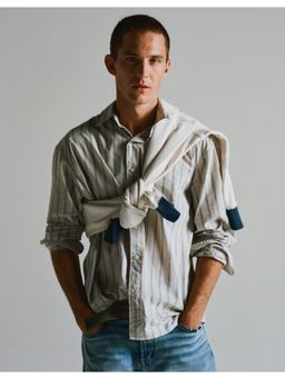 American Eagle - Men Beige Everyday Poplin Stripes Button-Up Shirt