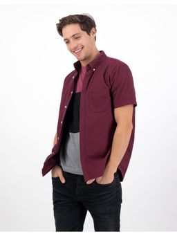 American Eagle - Men Burgundy Oxford Half Sleeve Button-Up Casual Shirt
