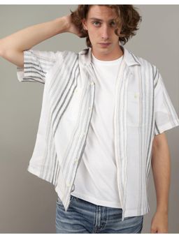 American Eagle - Men White Striped Linen-Blend Button-Up Poolside Casual Shirt