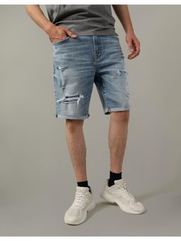 American Eagle - Men Blue Air flex+ Ultrasoft 9 Inches Patched Denim Shorts