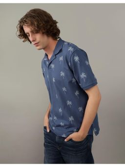 American Eagle - Men Blue Flex Pique Printed Collar Neck Polo T-Shirt