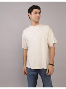 American Eagle - Men Beige Cotton Solid Crew Neck T-Shirt