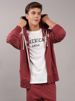 American Eagle - Men Red Logo Graphic Zip-Up Hoodie