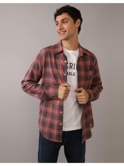 American Eagle - Men Burgundy Ae Slim Fit Everyday Plaid Linen-Blend Button-Up Shirt