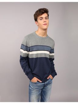American Eagle - Navy Blue Striped Crew Neck Sweater