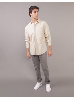 American Eagle - Men Beige Linen Button-Up Shirt