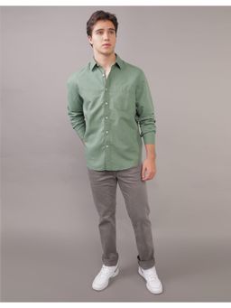 American Eagle - Men Green Linen Button-Up Shirt
