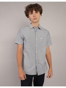 American Eagle - Men Grey Solid Short-Sleeves Slim Fit Button-Up Shirt