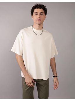 American Eagle - Men Cream Oversized Solid T-shirt