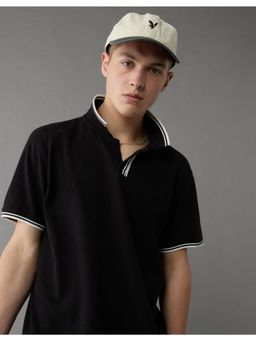 American Eagle - Men Black Textured Mesh Polo T-shirt