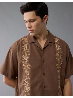 American Eagle - Men Brown Embroidered Linen-Blend Button-Up Poolside Shirt