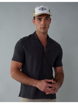American Eagle - Men Grey Short-Sleeve Jacquard Button-Up Shirt