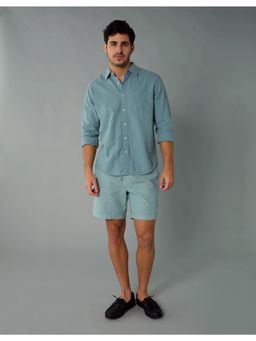 American Eagle - Men Green Long-Sleeve Linen-Blend Button-Up Shirt