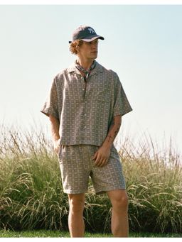 American Eagle - Men Cotton Blend Printed Notched Lapel Regular Fit Khaki Shirt