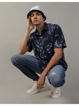 American Eagle - Men Cotton Blend Floral Collar Neck Regular Fit Navy Blue Shirt