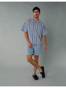 American Eagle - Men Linen Blend Stripes Collar Neck Regular Fit Blue Shirt