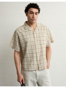 American Eagle - Men Cotton Blend Checks Notched Lapel Regular Fit Cream Shirt