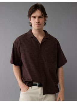 American Eagle - Men Cotton Blend Embroidered Collar Neck Regular Fit Brown Shirt