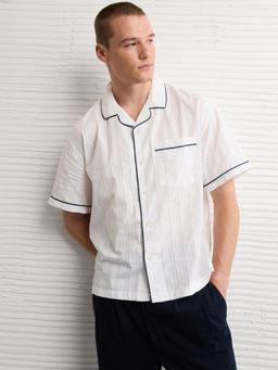 American Eagle - Men Cotton Stripes Notched Lapel Regular Fit White Shirt