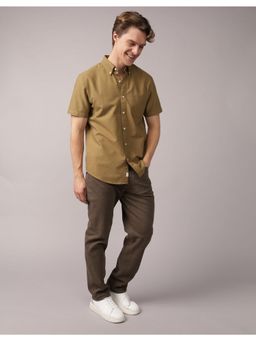 American Eagle - Men Green Olive Short-Sleeve Slim Fit Button-Up Shirt