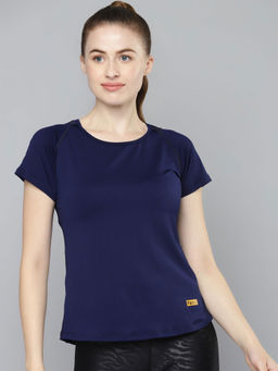 Fitkin - Women Navy Blue Solid Mesh Inserts Training T-shirt