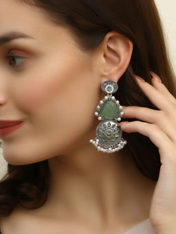 Adwitiya - Women Beautiful Traditional Green Oxidized Silver Earrings