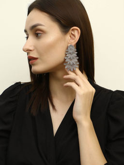Adwitiya - Women Traditional Indian Matte Silver Oxidised Studded Drop Leaf Earring