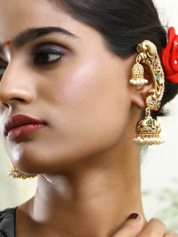 Adwitiya - Women Gold-Plated Peacock Design Stone Studded Jhumkas