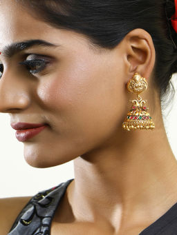 Adwitiya - Women Gold Plated Laxmi Temple Stone Studded Dome Shape Jhumki