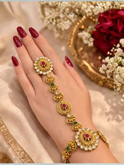 I Jewels - Gold Plated Traditional Kundan Hathphool Bracelet