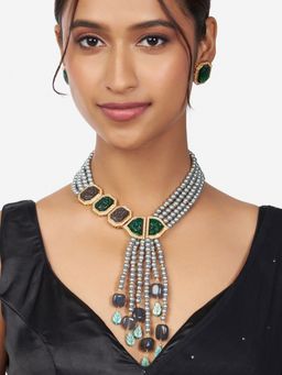 Joules By Radhika - Gold Finish Grey & Green Stylish Necklace & Earrings (Set of 2)