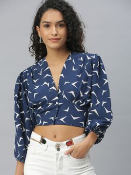 SHOWOFF - Women Plunging Neck Abstract Navy Blue Crop Top