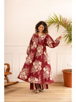 Autumnlane - Maroon Printed Full Sleeves Kurt And Pant