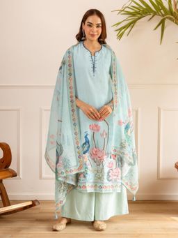 Autumnlane - Blue Floral Three Fourth Sleeves Kurta Pant With Dupatta