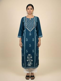 Autumnlane - Teal Printed Three Fourth Sleeves Kurta