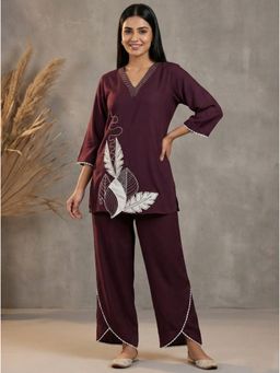 Autumnlane - Wine Embroidered Three Fourth Sleeves Co-ord Set